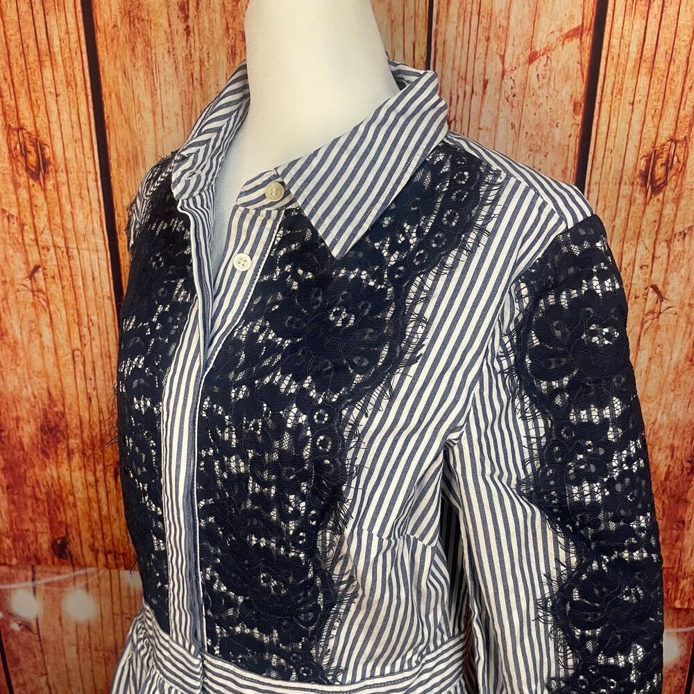 Eliza J Lace Bib Shirt Dress Navy Blue & White Striped Long Sleeve size 14